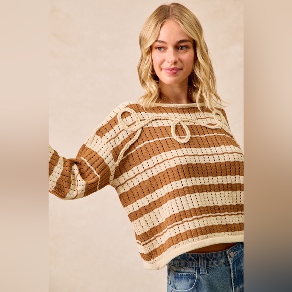 BiBi Striped Open Knit Sweater Top with Front Braided Detail 10010051743 - Picture 9 of 14